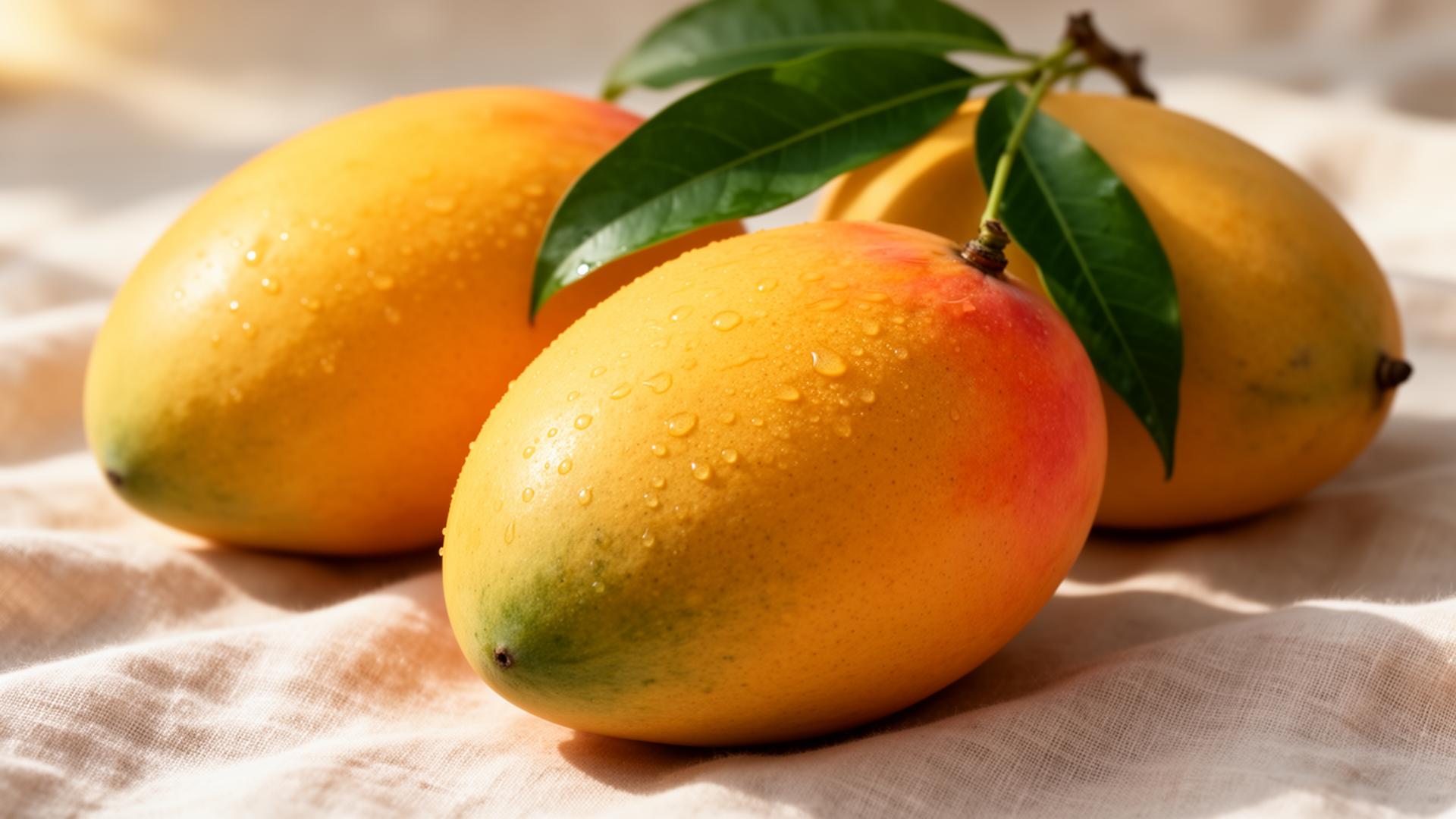 Premium ripe Pakistani Chaunsa mangoes with green leaves